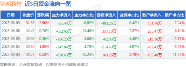 云上速配 股票行情快报：宇邦新材（301266）6月9日主力资金净卖出51.44万元
